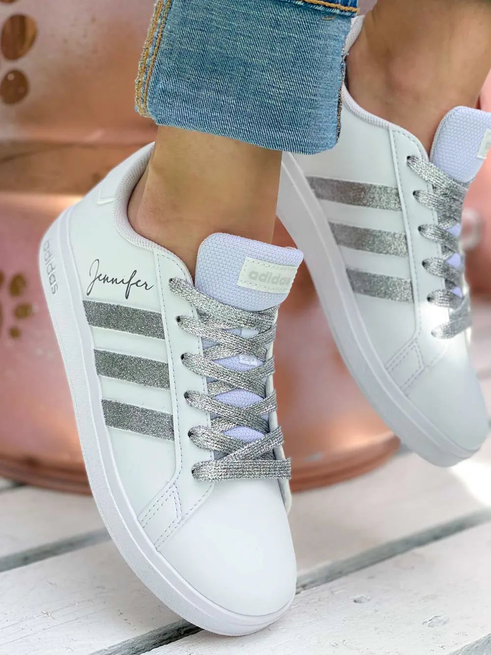 Baskets Adidas glitter argent femme personnalisées