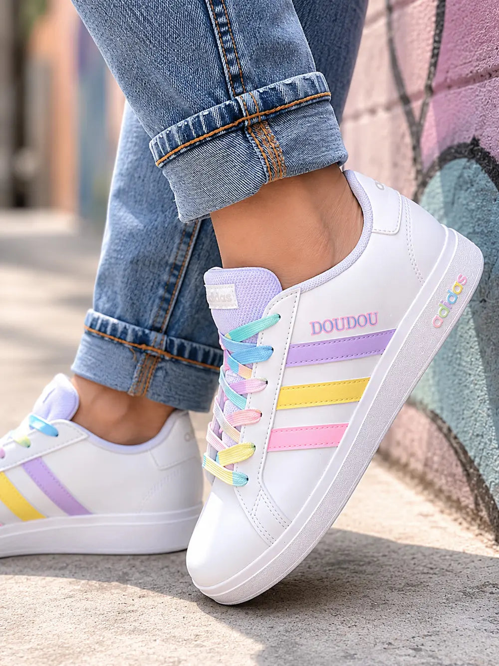 Adidas Grand Court personnalisées femme avec prénom pastel et baskets custom multicolores