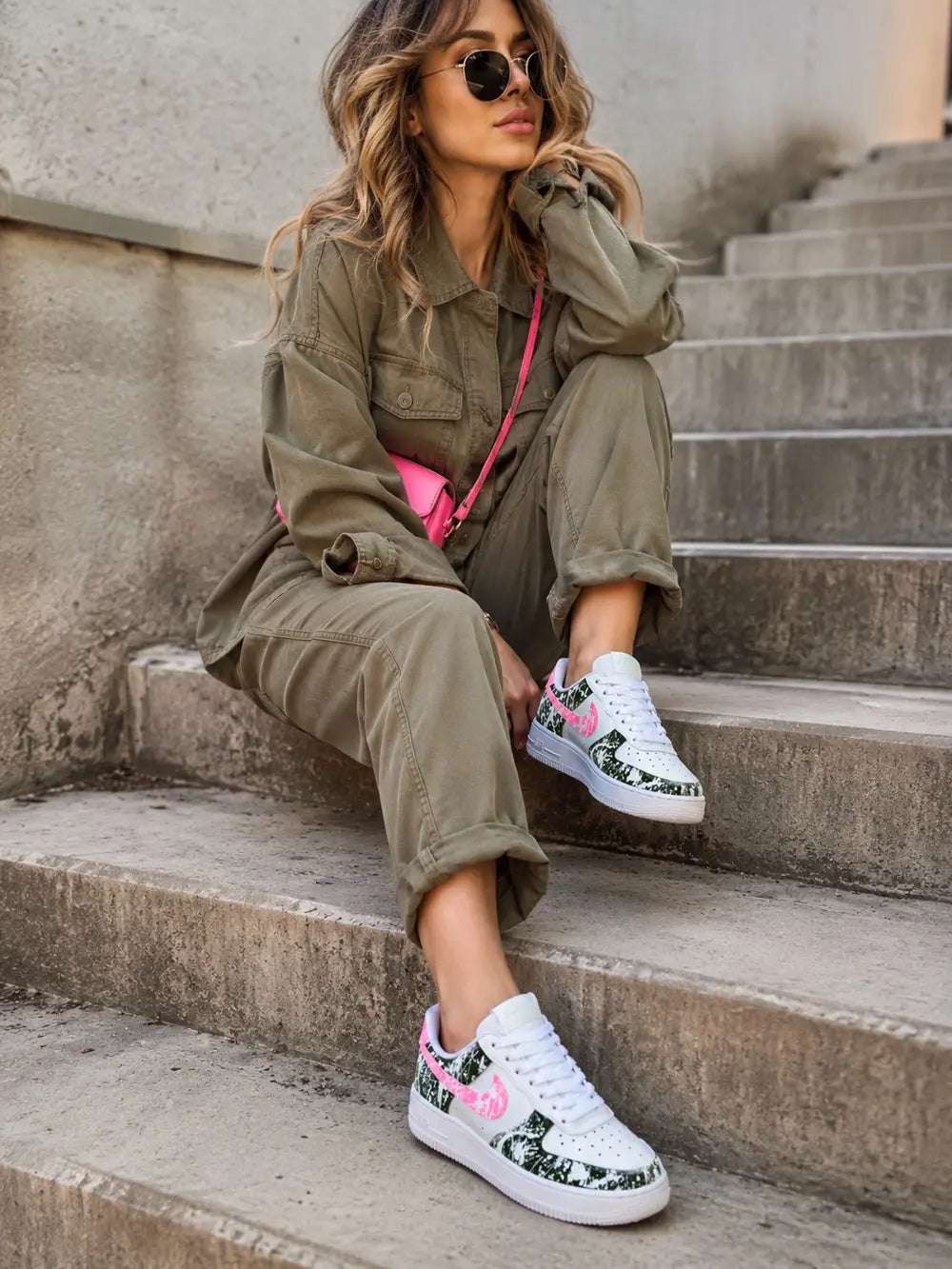Air Force 1 kaki et rose portée femme avec outfit tendance kaki et accessoires rose pour look streetwear.