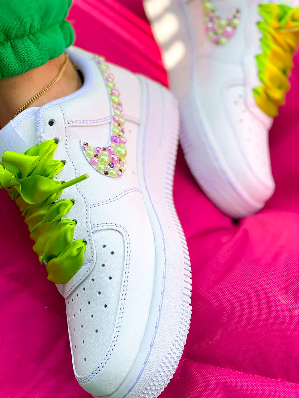 Air Force 1 perles nacrées vert rose finition haut de gamme