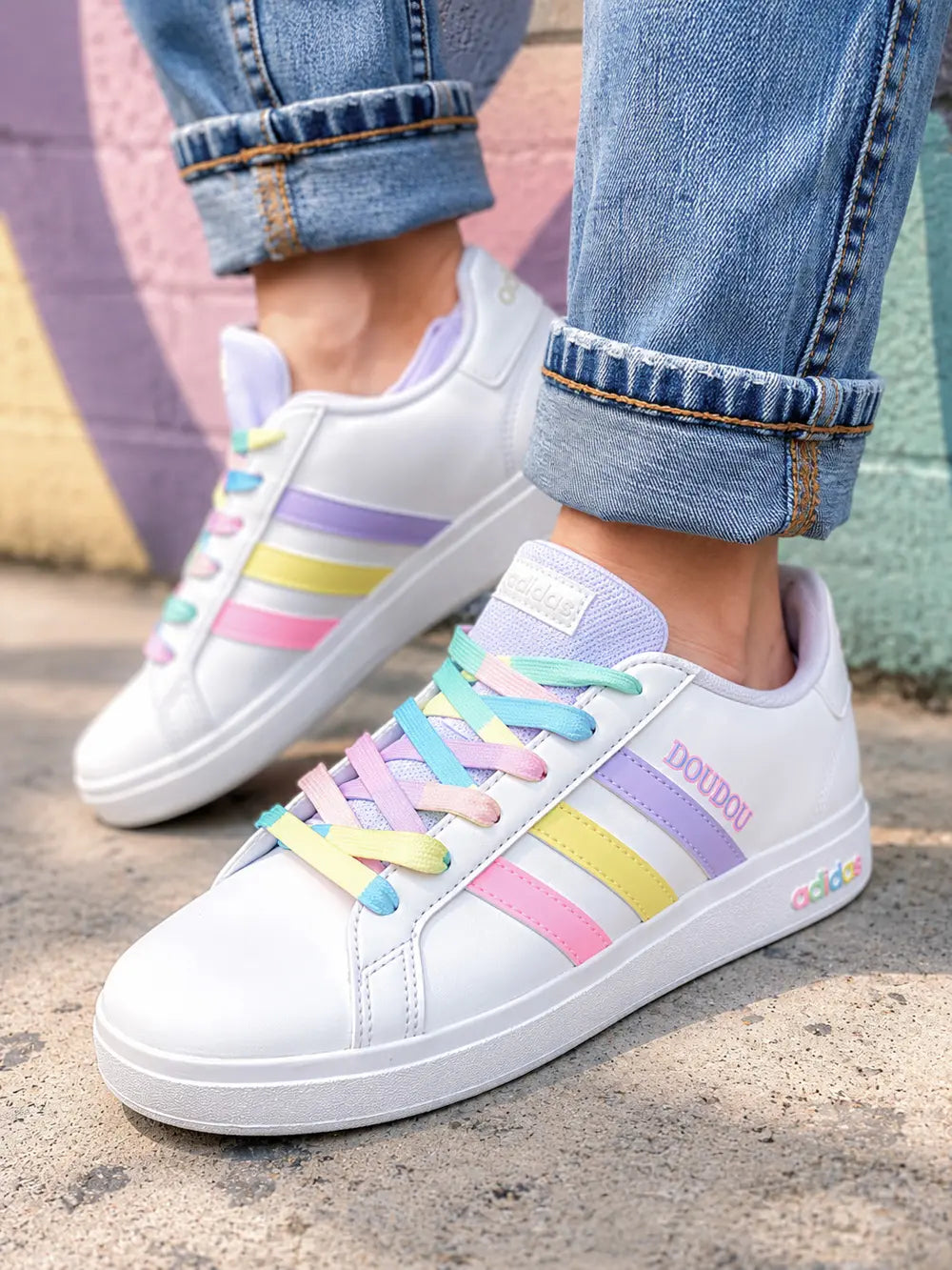 Baskets custom femme aux couleurs pastel rose jaune lilas avec lacets multicolores tendance