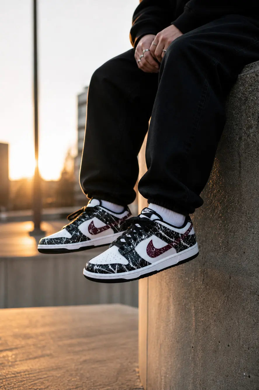 Nike Dunk Low personnalisée noir blanc et bordeaux portée en ville au coucher du soleil, basket custom streetwear premium homme femme.