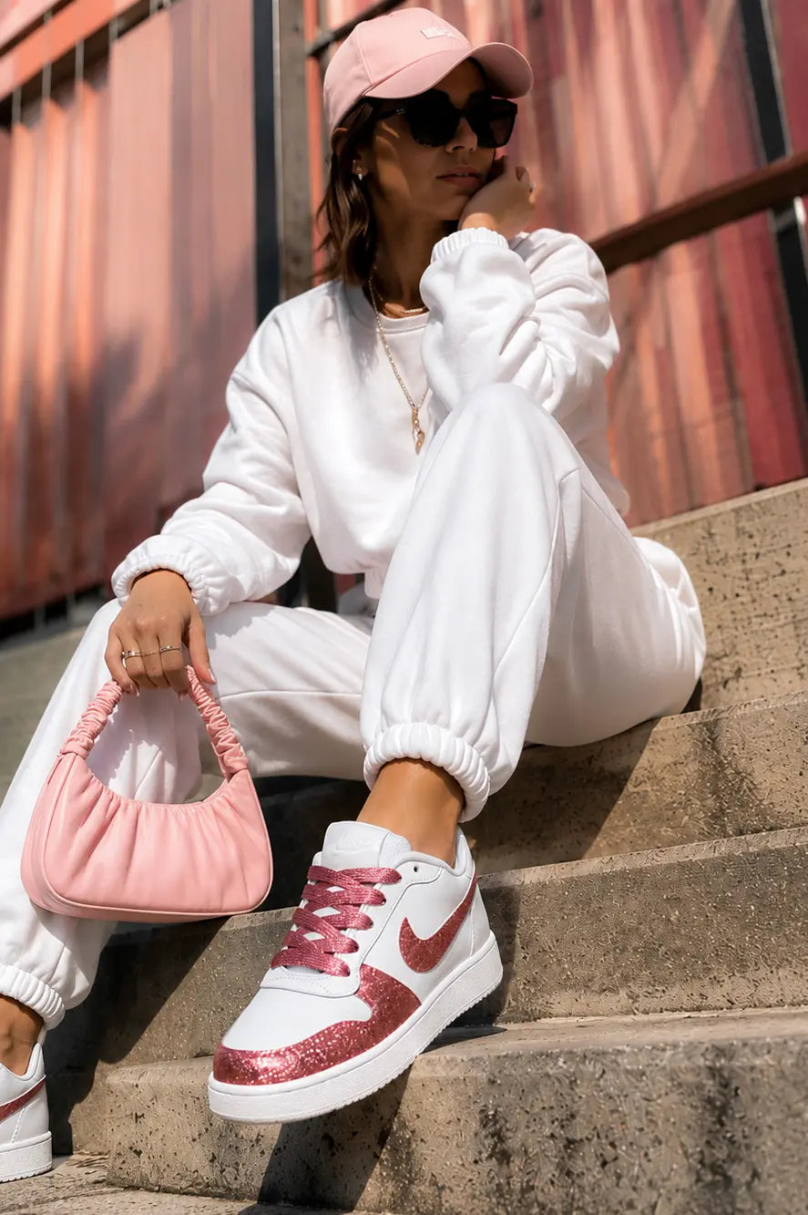 Sneakers Nike personnalisées glitter rose portées par une femme avec ensemble streetwear blanc et accessoires roses tendance