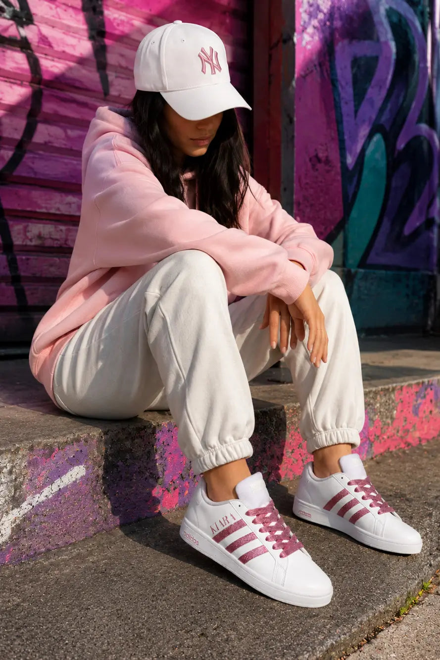 Basket Adidas custom femme rose pailleté portée dans un look streetwear tendance style Pinterest