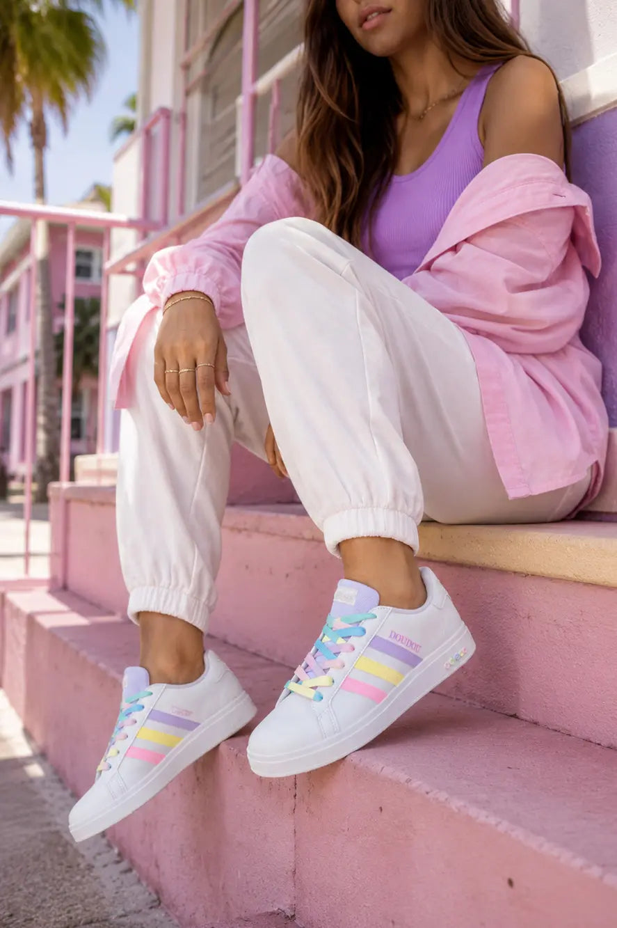Baskets Adidas Grand Court pastel femme portées avec tenue streetwear rose dans un look estival tendance