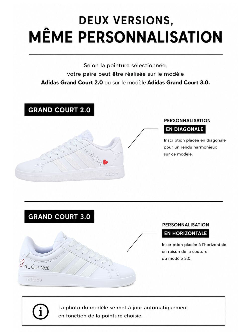 comparaison d'image de 2 version de personnalisation, l'une sur le modèle adidas grand court 2.0, l'autre sur le modèle adidas grand court .0
