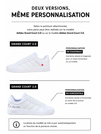 comparaison d'image de 2 version de personnalisation, l'une sur le modèle adidas grand court 2.0, l'autre sur le modèle adidas grand court .0