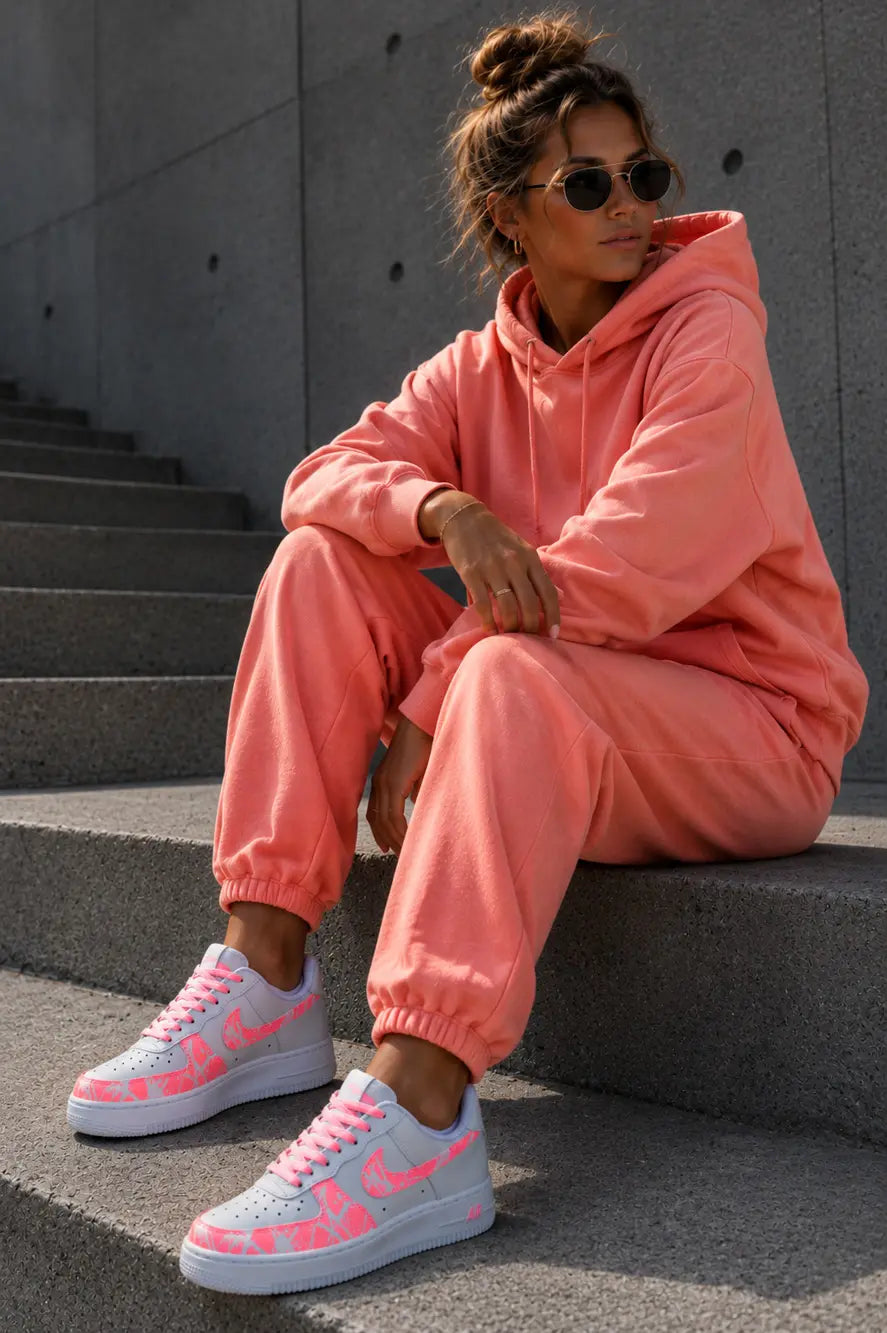 Nike Air Force 1 corail personnalisée portée par une femme avec tenue streetwear rose, baskets custom premium blanches et corail au style tendance