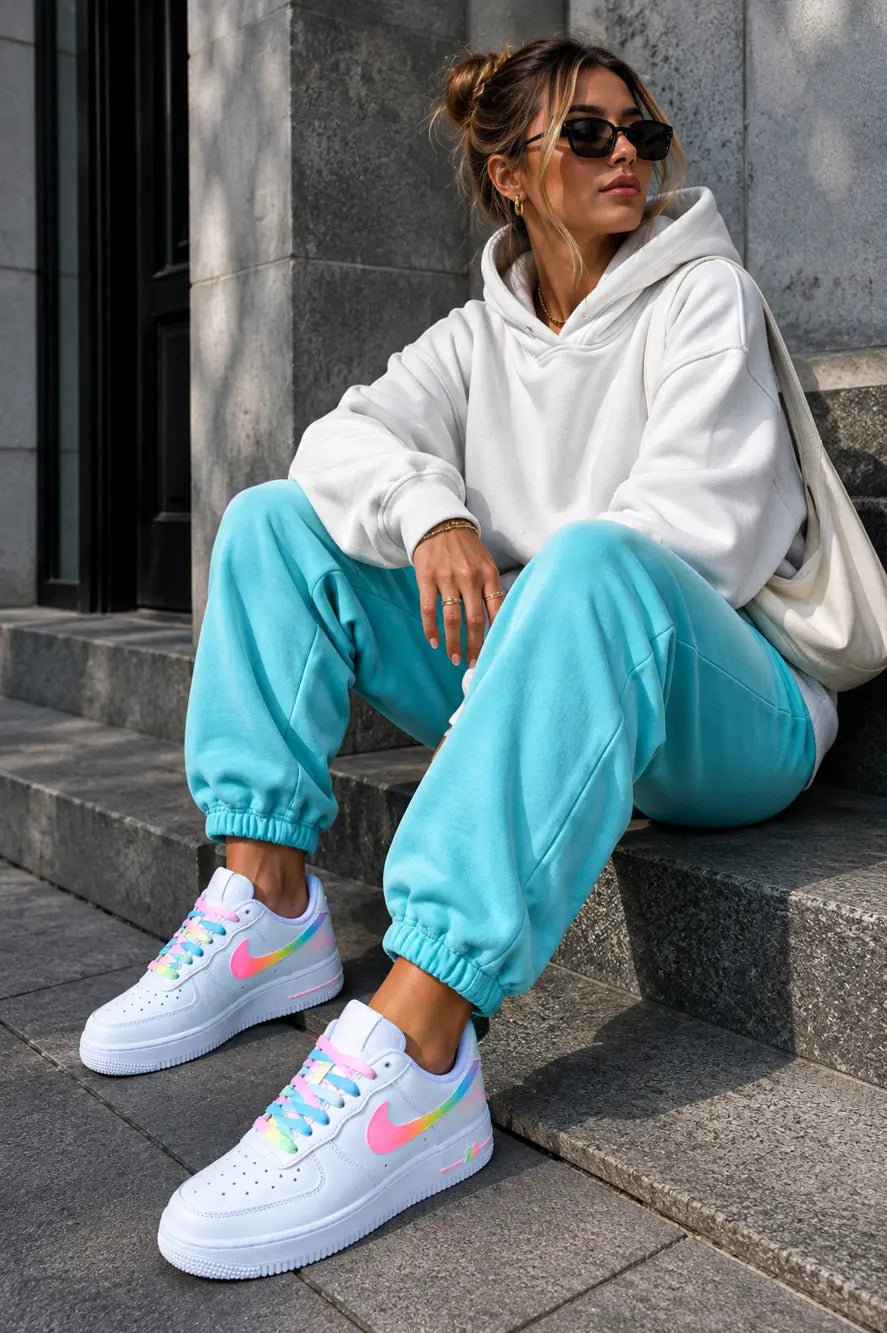 Nike Air Force 1 pastel personnalisée portée par une femme assise avec tenue bleu pastel et sweat blanc, sneakers custom arc-en-ciel premium style streetwear tendance