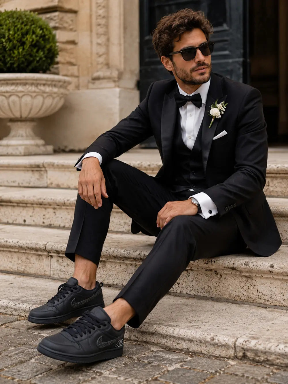 Air Jordan Low noire à strass personnalisée pour mariage homme, sneakers élégantes premium avec costume noir et finition luxe.