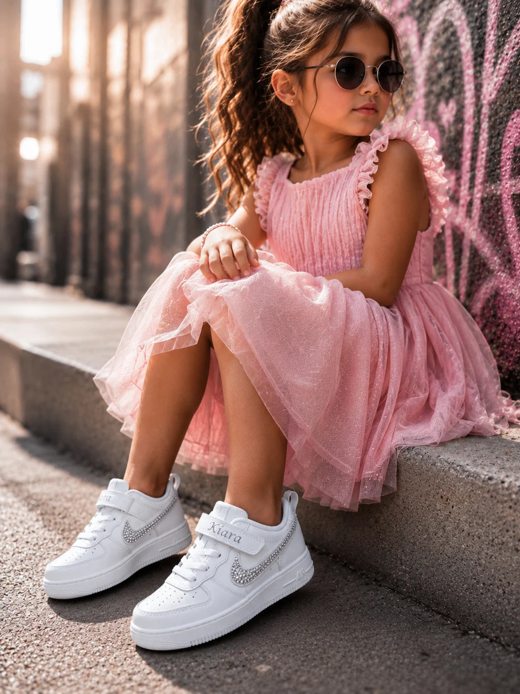 Sneakers Nike personnalisées pour enfant avec strass argent photographiées dans un univers lifestyle chic et tendance.