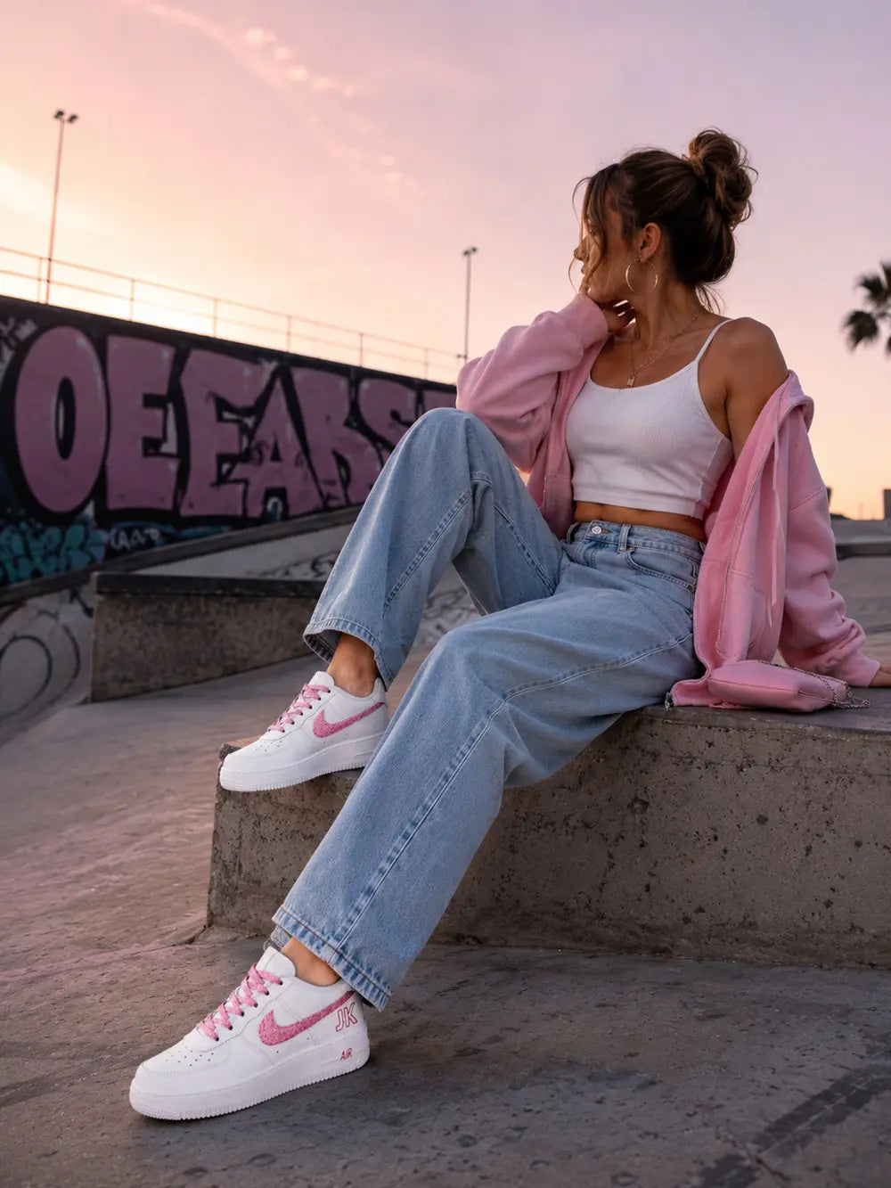 Look femme streetwear avec Air Force 1 blanche et rose glitter personnalisée au coucher du soleil