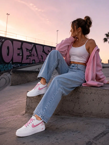 Look femme streetwear avec Air Force 1 blanche et rose glitter personnalisée au coucher du soleil